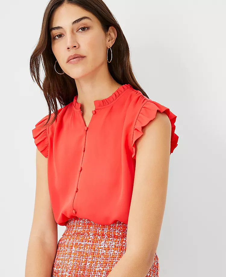 Mixed Media Ruffle Button Shell | Ann Taylor | Ann Taylor (US)