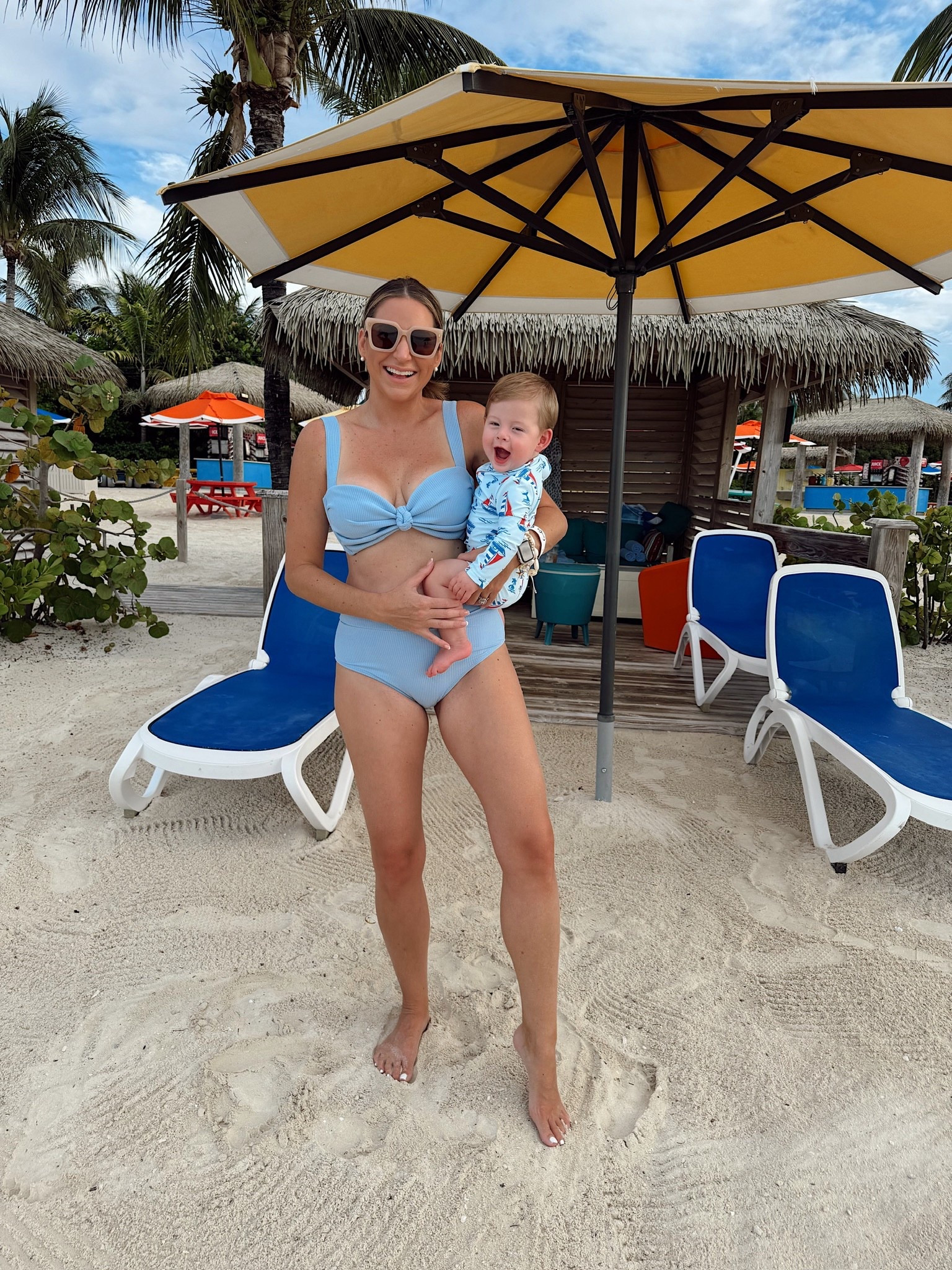 Mommy and me beach day outfits! I’m in a large top and bottom, sunglasses and accessories- fits tts. Storms zip up swim and his beach day essentials are linked too! 

#LTKBaby #LTKTravel #LTKSwim