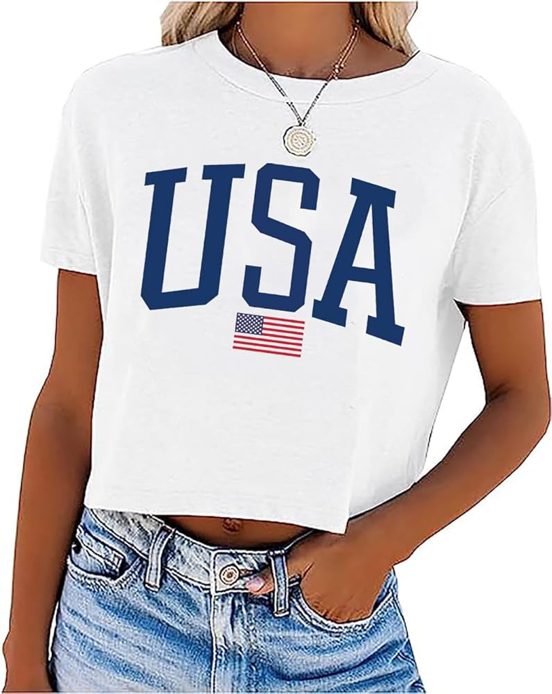 Womens American Flag Crop Tops 4th of July Patriotic Tshirt Casual Short Sleeve Crop Tee Teen Gir... | Amazon (US)
