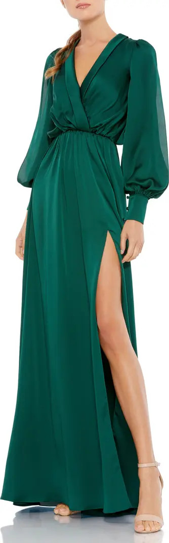 Split Long Sleeve Faux Wrap Satin Gown | Nordstrom