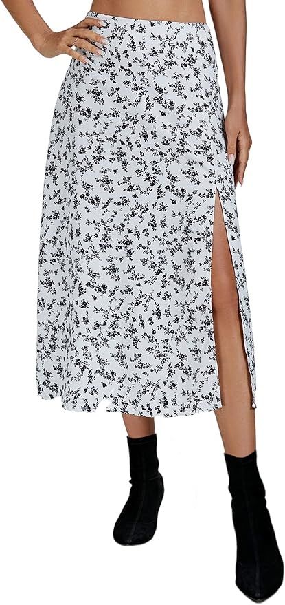 LYANER Women's Casual Boho Printed High Waist Side Split Hem Zipper Midi Skirt | Amazon (US)