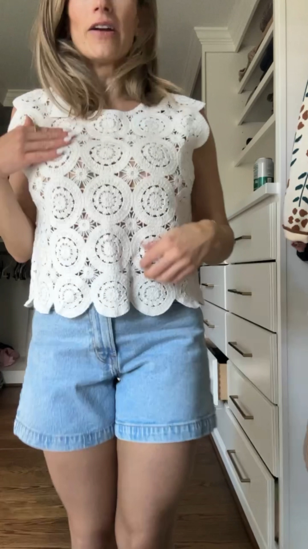 Size M in this white crochet top. Such a cute summer top that you can throw over a nude bra or tank.  My jean shorts are size 27 and SO good from Abercrombie. I sized up 1-2 sizes from my regular for postpartum, but I’d say they run true to size. 

#LTKSeasonal #LTKfindsunder100 #LTKstyletip