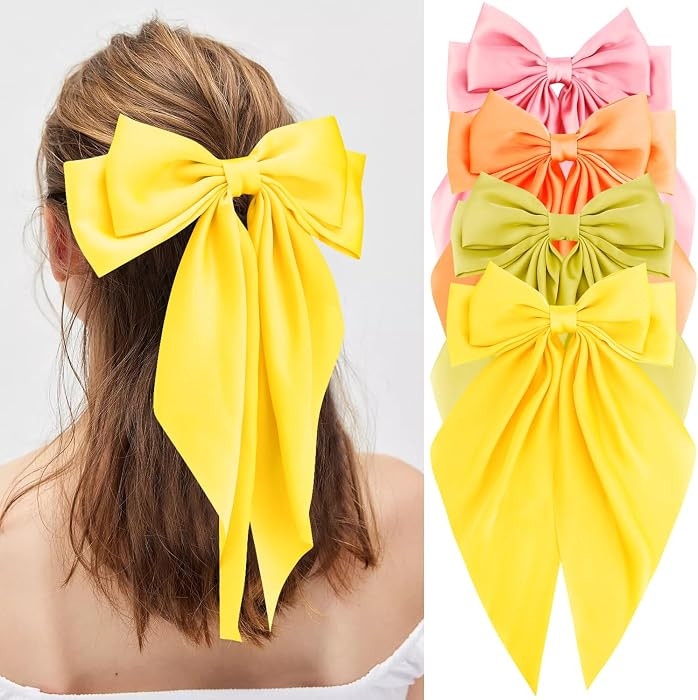 Hair Bows Silky Satin Bows for Hair Ribbons 4Pcs Coquette Oversized Long Tail Hair Bow Clips Barr... | Amazon (US)
