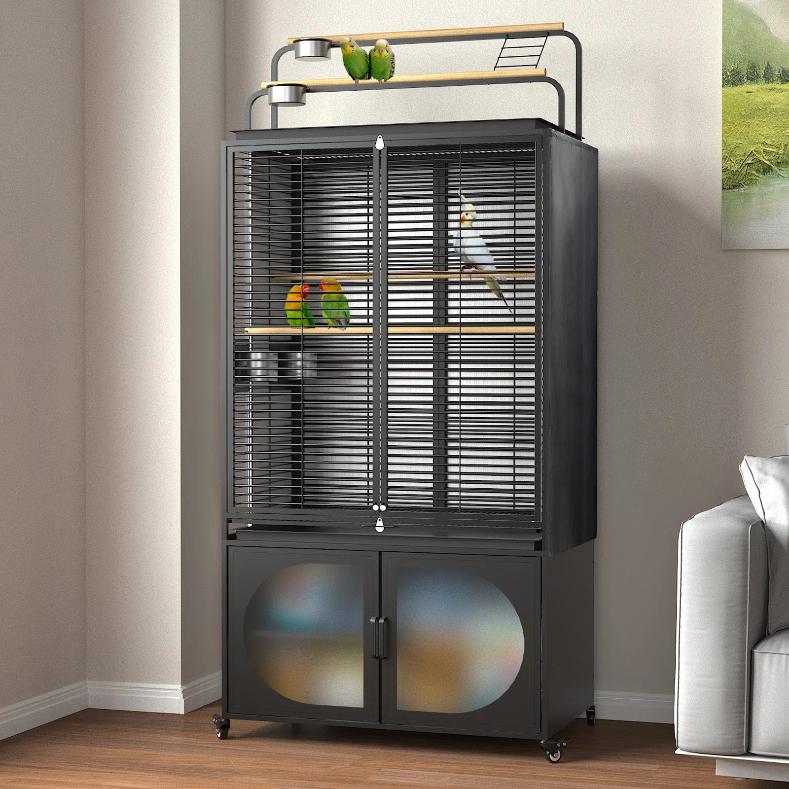 72-Inch Bird Cage With Play Top, Parakeet Cage With Rolling Storage Cabinet Extra Large With Cove... | Wayfair North America
