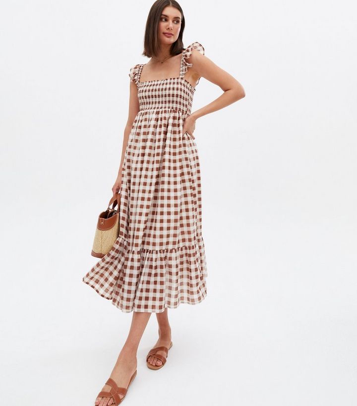 Brown Gingham Shirred Square Neck Midi Dress
						
						Add to Saved Items
						Remove from Sa... | New Look (UK)