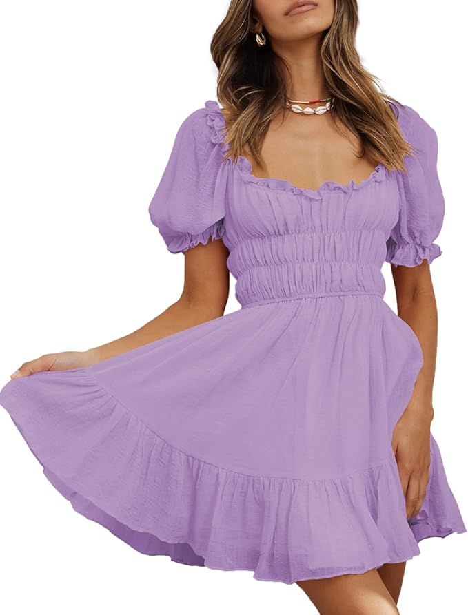 MIYIEONZ Women's Square Neck Short Puff Sleeve Dresses Ruffle Elastic Waist Summer Casual Flowy C... | Amazon (US)