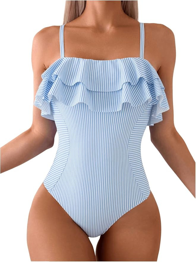 Floerns Women's One Piece Swimsuit Ruffle Trim Striped Print Monokini Swimwear | Amazon (US)