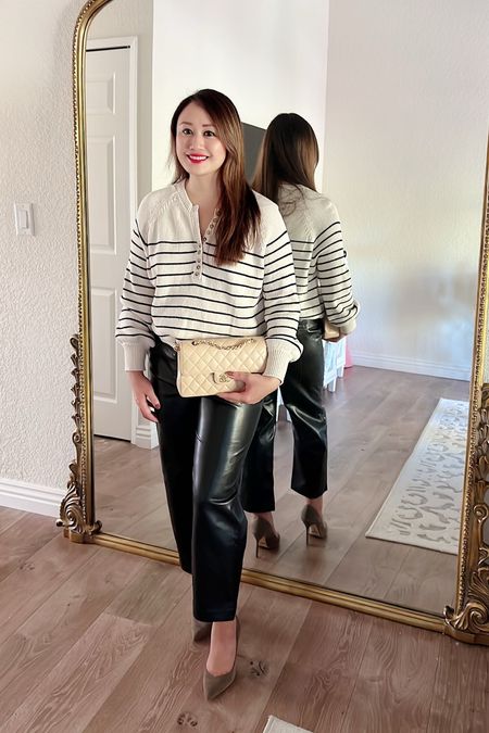 Styling my Sézane fall outfit 🍂 Striped sweater, black leather pants, gray pumps and Chanel classic flap bag. 

#LTKHoliday #LTKstyletip #LTKSeasonal