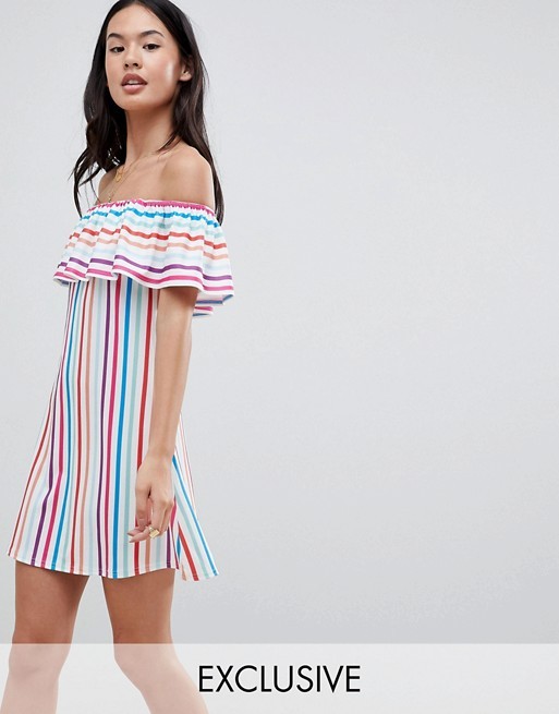Boohoo Bardot Rainbow Stripe Dress | ASOS US