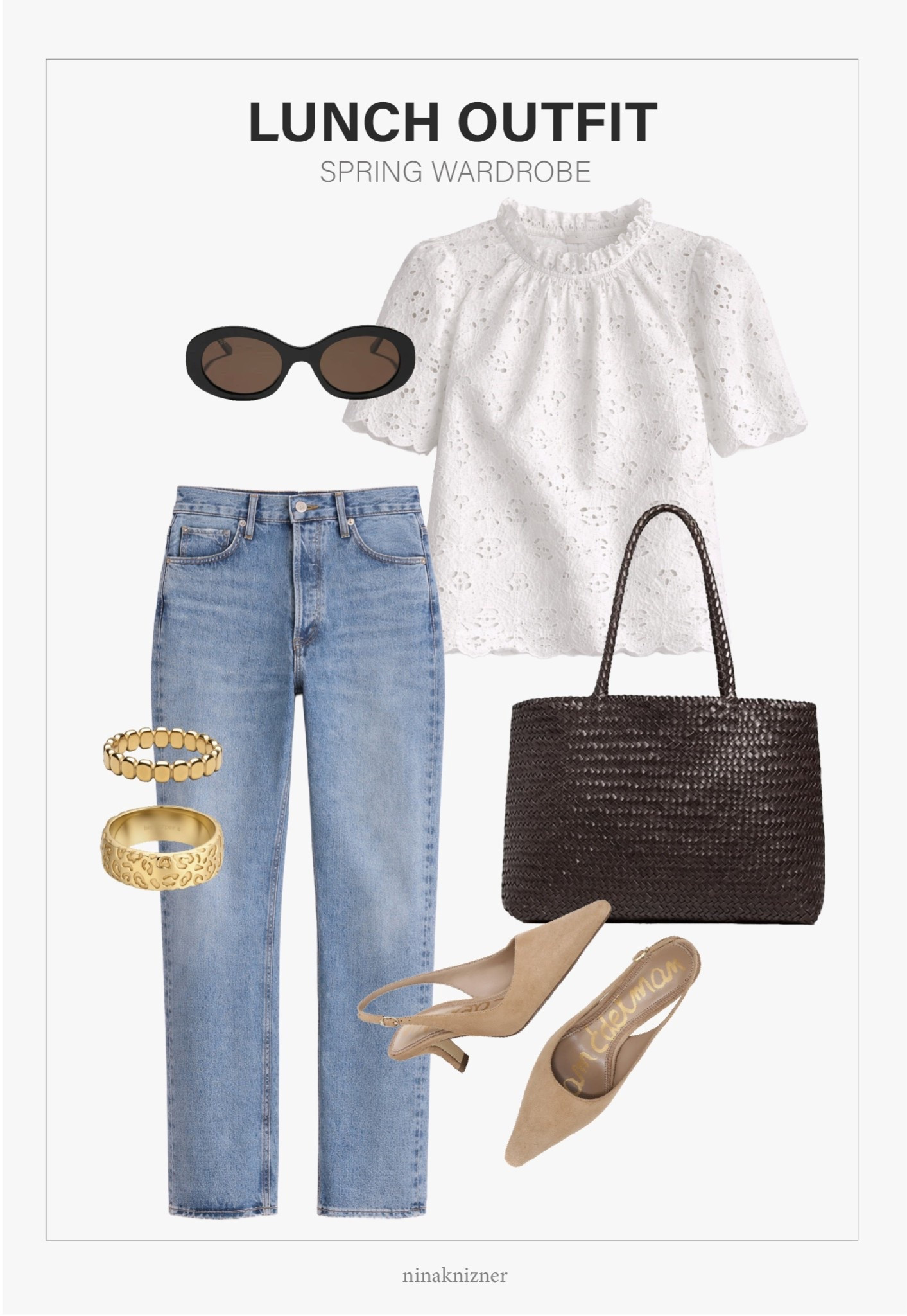 Effortless and feminine spring outfit for lunch, Bruch, shopping and even an early dinner.

Built this whole outfit around the eyelet top. Sooo happy with this Agolde jean, it hits right at the ankle, so kitten heels look amazing with it, especially suede pointed toes. The tote further emphasizes the relaxed feel, while the woven material elevates it. To make this fit a bit comfier, replace the heels with a mule. Still cute. 

- DIFF - Lainey Oval Sunglasses in Black Brown Polarized
- Amazon - PrettyGarden Embroided Eyelet Blouse in White
- Madewell - Handwoven Transport Early Weekender Tote in Coffee Bean
- Agolde 90’s Pinch Waist Jeans in Navigate
- Sam Edelman Bianka Pointed Toe Slingback Pump in Cyprus Tan
- Hey Harper - Leopard Print Band Ring in 14K PVD Gold

#spring #summer #springbreak #essentials #staples #capsulewardrobe #minimalist #basics #essentials #staples #california #westcoast #destinations #wovenleathertote #woventote #leathertote #tote #madedwell #springaccessories #chocolatebrown #espresso #brown #ivory #cognac #saddle #ovalsunglasses #borwn #sunglasses #jeans #agolde #highrisestraightlegjeans #highrisejeans #straightlegjeans #kittenheels #heels #springheels #springshoes #eyeletop #blouse #embroideredtop #springblouse #shortsleeve 

#LTKootd #LTKSeasonal #LTKgrwm