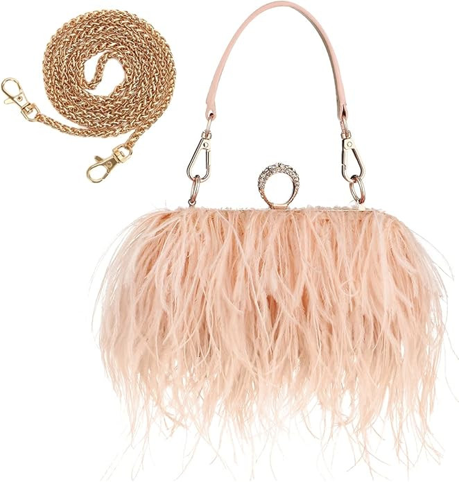 Zakia Women's Real Natural Ostrich Feather Tote Evening Dress Bag Shoulder Bag Party Money Bag Wa... | Amazon (US)