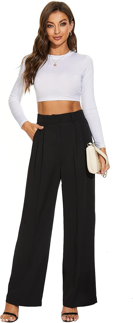 FUNYYZO Women's Wide Leg Pants High Elastic Waisted in The Back Business Work Trousers Long Straight | Amazon (US)