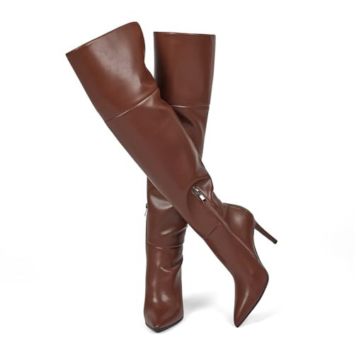 wetkiss Brown Thigh High Boots Womens Pointed Toe Over the Knee Boots with 4 in Stiletto Heel Half Side Zipper Wide Calf Brown Boot for Women High Heel Faux Leather Winter Long Boot, Size 8.5 | Amazon (US)