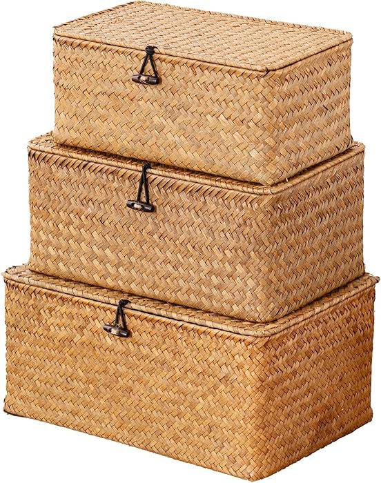 Nonam Cesta de almacenamiento con tapa, juego de 3 cestas de pasto marino natural con tapa, conte... | Amazon (US)