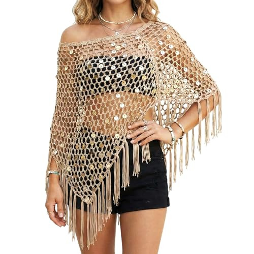 Women Sheer Poncho Top See Through Sequin Fishnet Shawl Knit Shrug Shawl for Beach Party Festival... | Amazon (US)