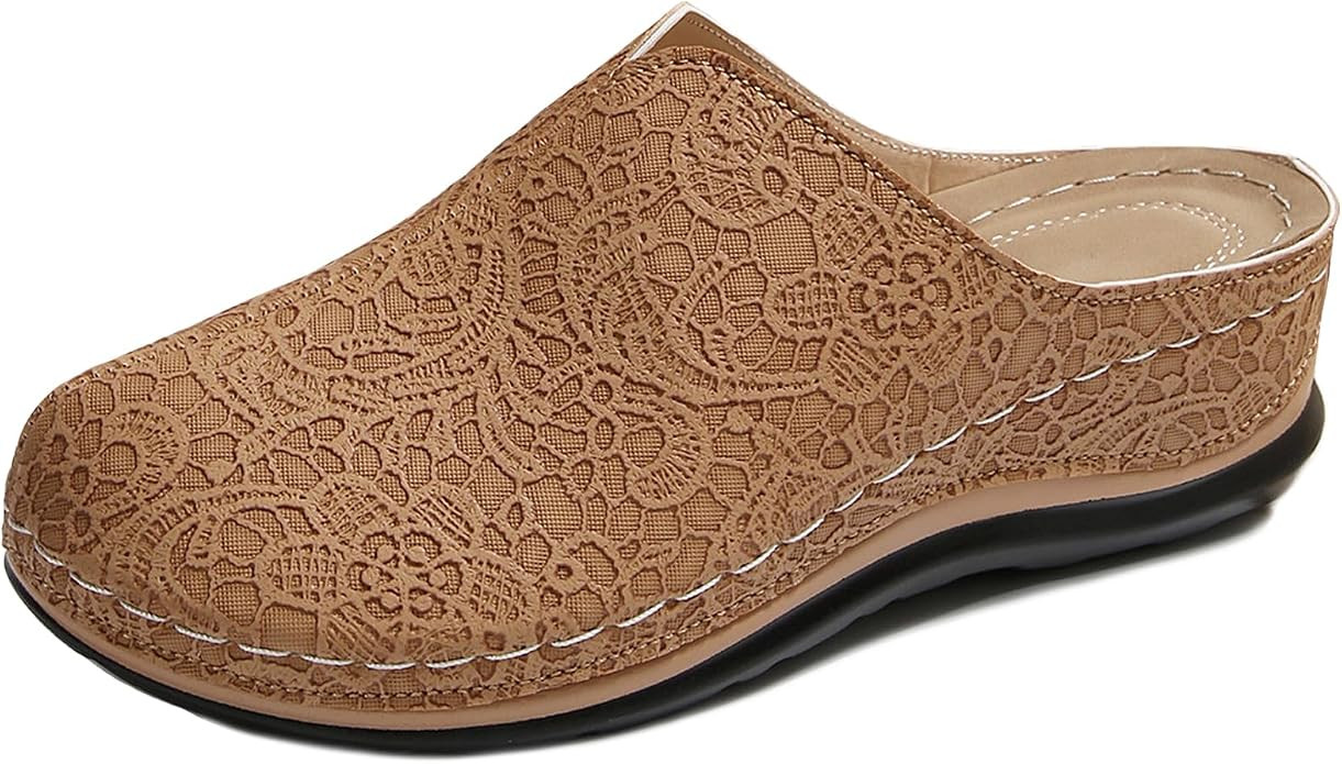 Closed Toe Wedge Clogs for Women Comfortable Arch Support Slip-On Backless Embroidered Mules Non-... | Amazon (US)