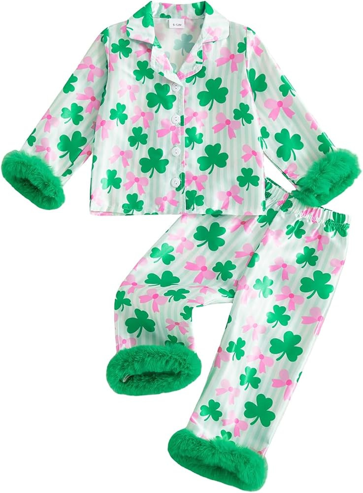 Babieshouse Kids Girl St Patricks Day Pajamas Shamrock Feather Trim Button Down Shirt Top Pants 2... | Amazon (US)