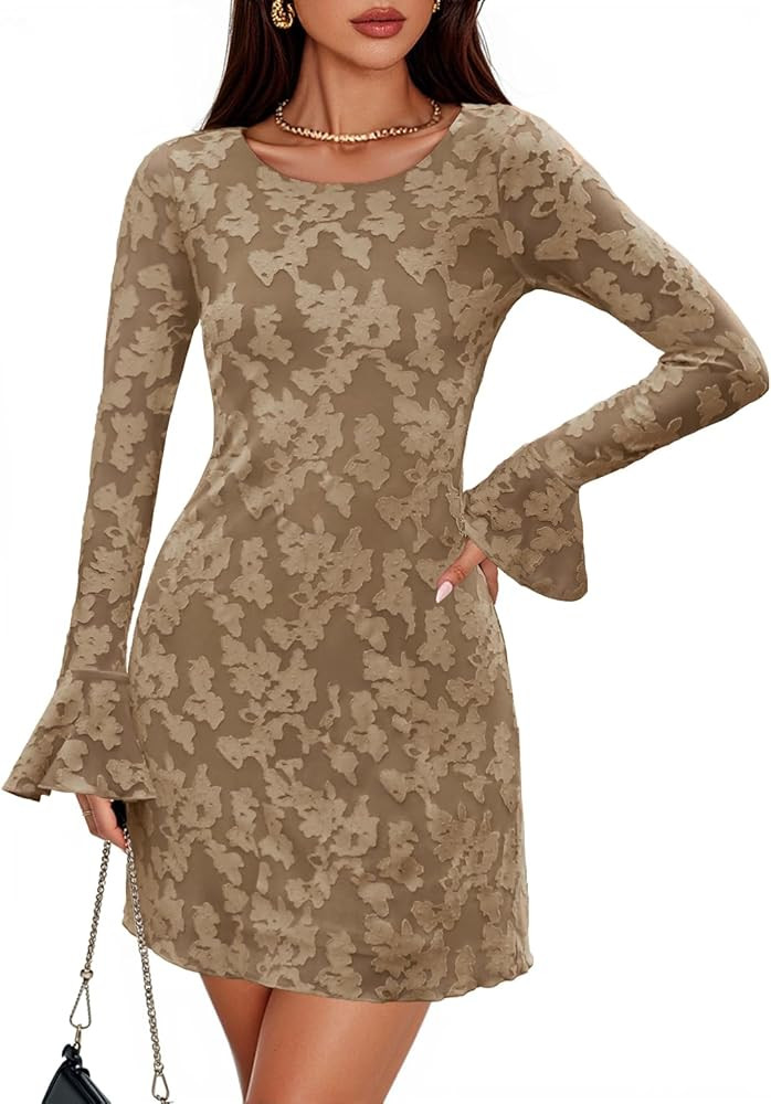 ZESICA Fall Mini Dresses for Women 2025 Long Sleeve Floral Mesh Crewneck Bodycon Cocktail Party C... | Amazon (US)