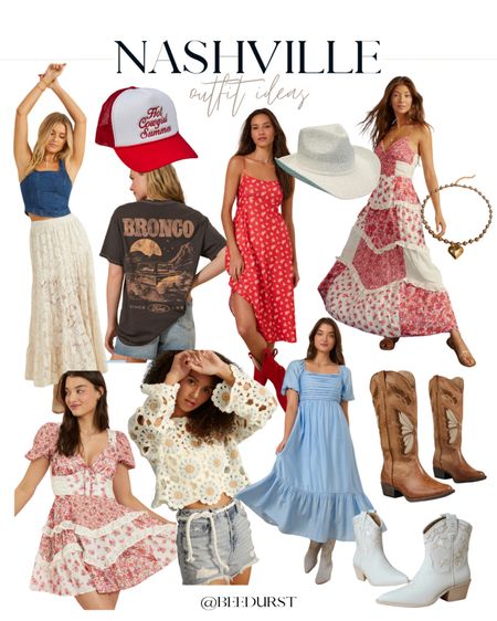 Nashville outfit ideas! Cute outfits for Nashville, bachelorettes, country concerts and more! Country outfit idea, country concert outfit idea, floral dress, floral sundress, crochet top, lace skirt, denim top, floral sundress, trendy sundress, cute cow girl boots, cow girl boots, cowboy boots, cowboy hat, cowgirl hat, trucker hat, chunky necklace, graphic tee 

#LTKShoeCrush #LTKFindsUnder100 #LTKStyleTip