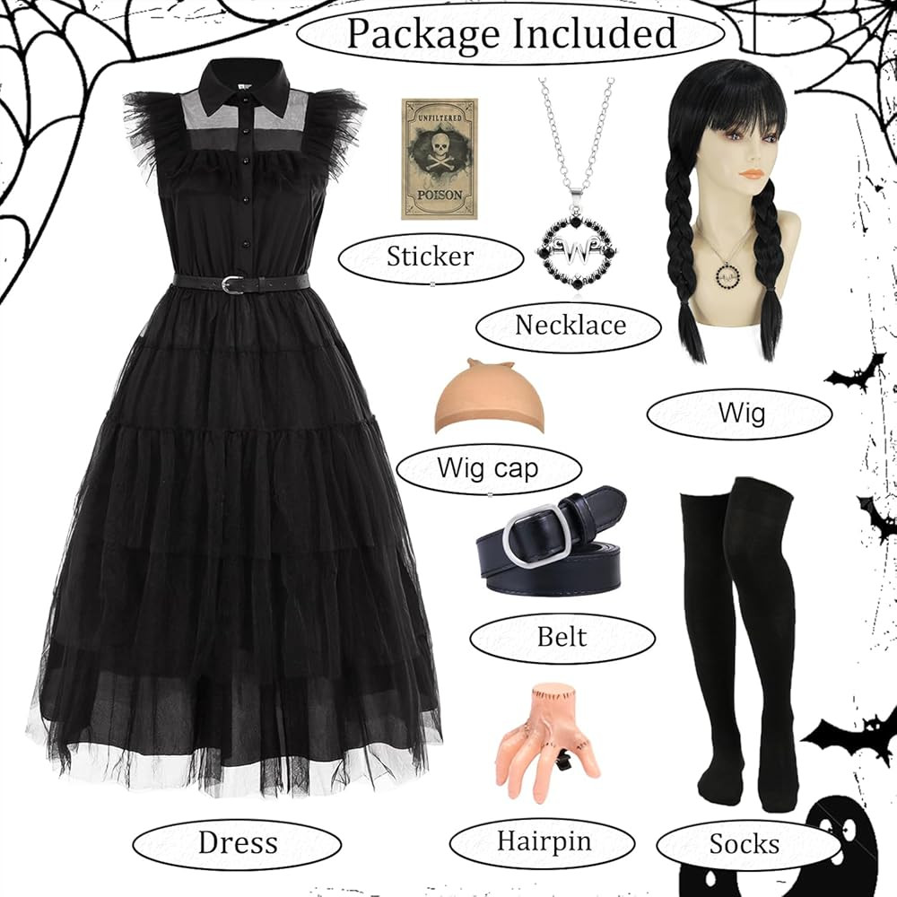 Long Black Dress for Women Black Gothic Dress with Black Wig Necklace Socks for Halloween Costume... | Amazon (US)