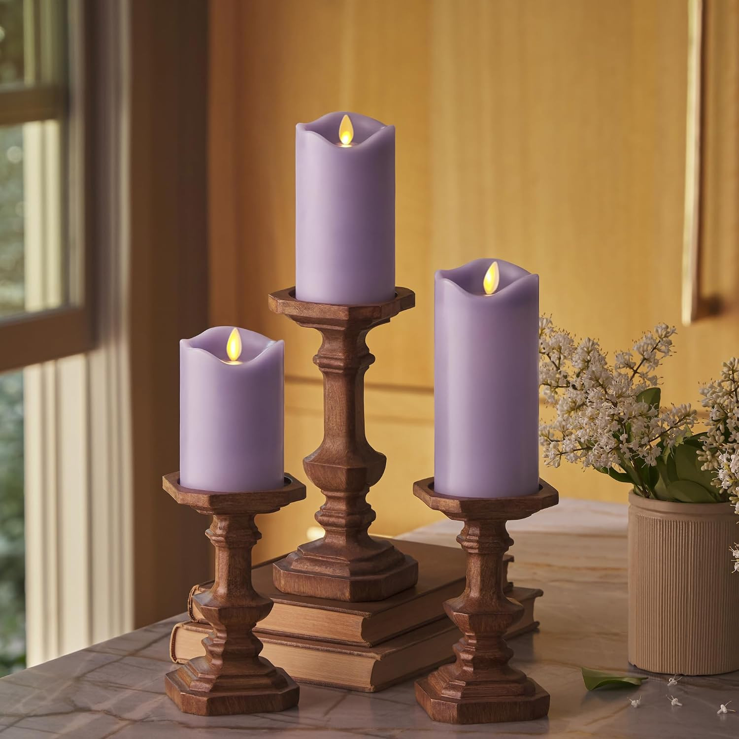 Co. Flameless LED Battery Operated Flickering Pillar Candles - Pastel Purple - Set of 3 - Indoor Outdoor Decor Safe | Amazon (US)