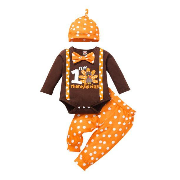 Awoscut Newborn Baby Boy Girl My 1st Thanksgiving Outfit Turkey Romper Suspender Pants Hat 3Pcs S... | Walmart (US)