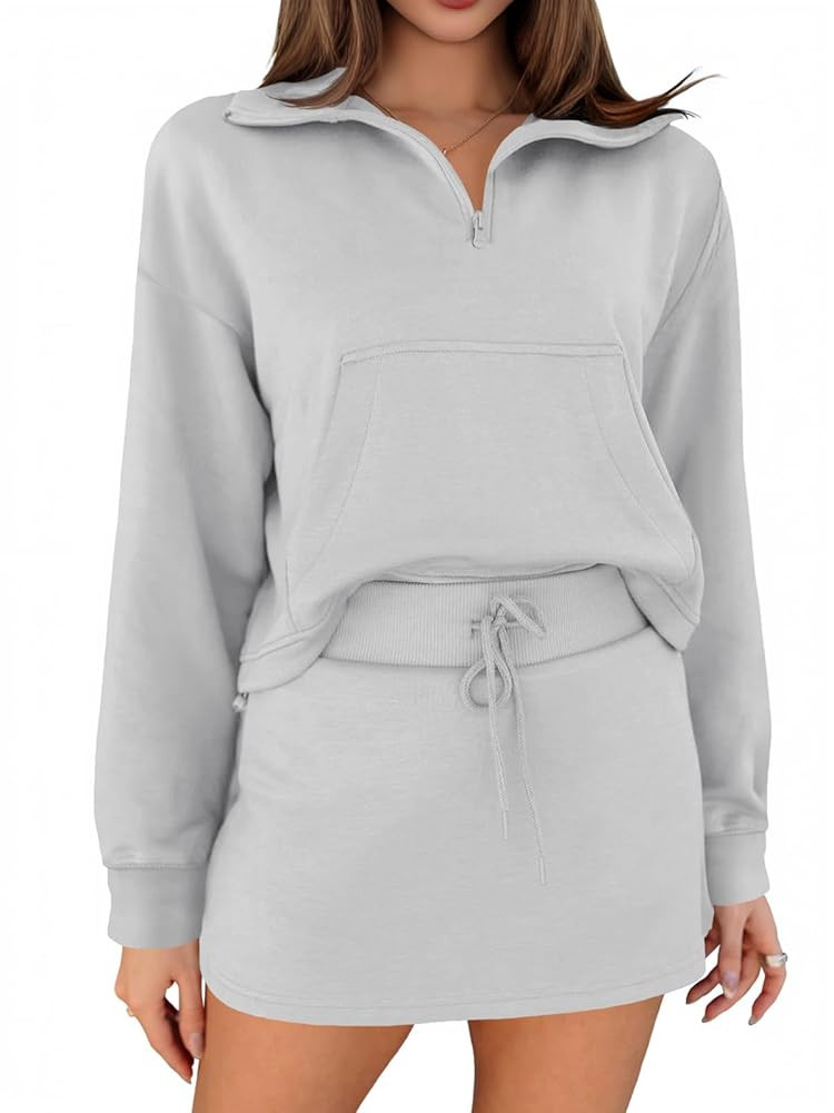 Fisoew Womens Sweatsuits 2 Piece Outfits Quarter Zip Cropped Sweatshirts Casual Mini Skorts Loung... | Amazon (US)