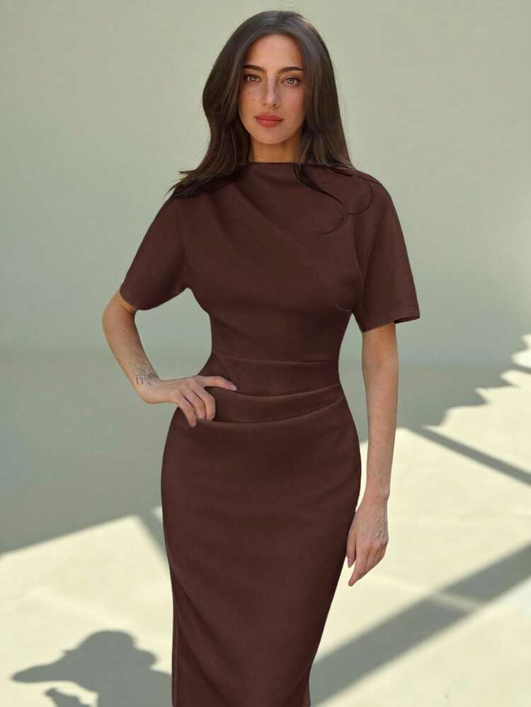 Aloruh New Solid Color Versatile Elegant Intellectual Minimalist Office Commute Ruched Decor Loose Top Tight Bodycon Maxi Short Sleeve Dress,Prom Dress,Fall Wedding Guest Dress,Wedding Guest Dress Women | SHEIN