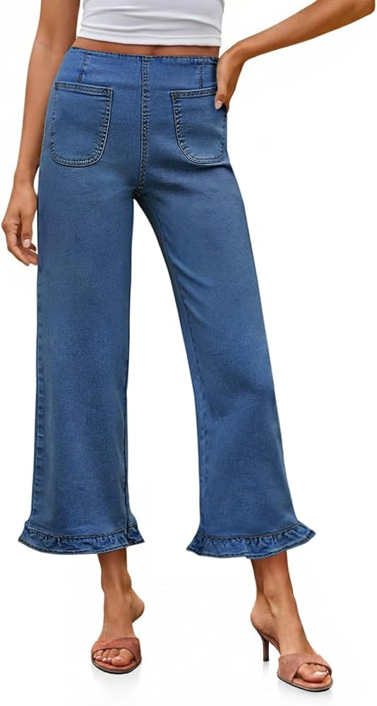 Cicy Bell Womens Cropped High Waisted Jeans Baggy Wide Leg Stretchy Capris Ruffle Flare Denim Pan... | Amazon (US)