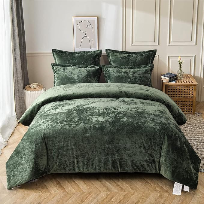 Fredsure Distressed Velvet Comforter Set, 5 Pieces Blackish Green Queen, Distressed Velvet Face a... | Amazon (US)