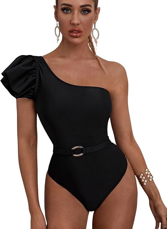 MakeMeChic Women's One Shoulder One Piece Swimsuit Ruffle Cutout Back Bathing Suit | Amazon (US)