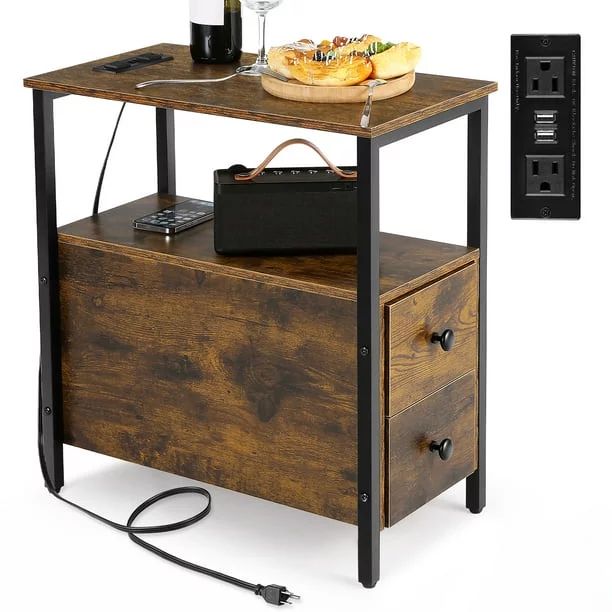 Devo 3-Tier End Side Table with Drawers and Charging Station, Narrow Wooden End Table with Storag... | Walmart (US)