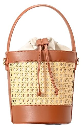 Rattan Bucket Bag for Women Straw Beach Bag Drawstring Crossbody Purse PU Leather Summer Shoulder Tote Bag Cute Hobo Bags | Amazon (US)
