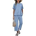 ANRABESS Women's 2 Piece Outfits 3/4 Batwing Sleeve Top Wide Leg Crop Pants Sets 2025 Summer Beac... | Amazon (US)