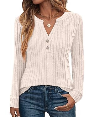 ANRABESS Womens Long Sleeve Henley Shirts 2026 Fall Tunic Tops Ribbed Knit Lightweight Sweaters D... | Amazon (US)
