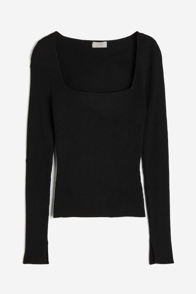 Square-neck Rib-knit Top - White/black striped - Ladies | H&M US | H&M (US + CA)