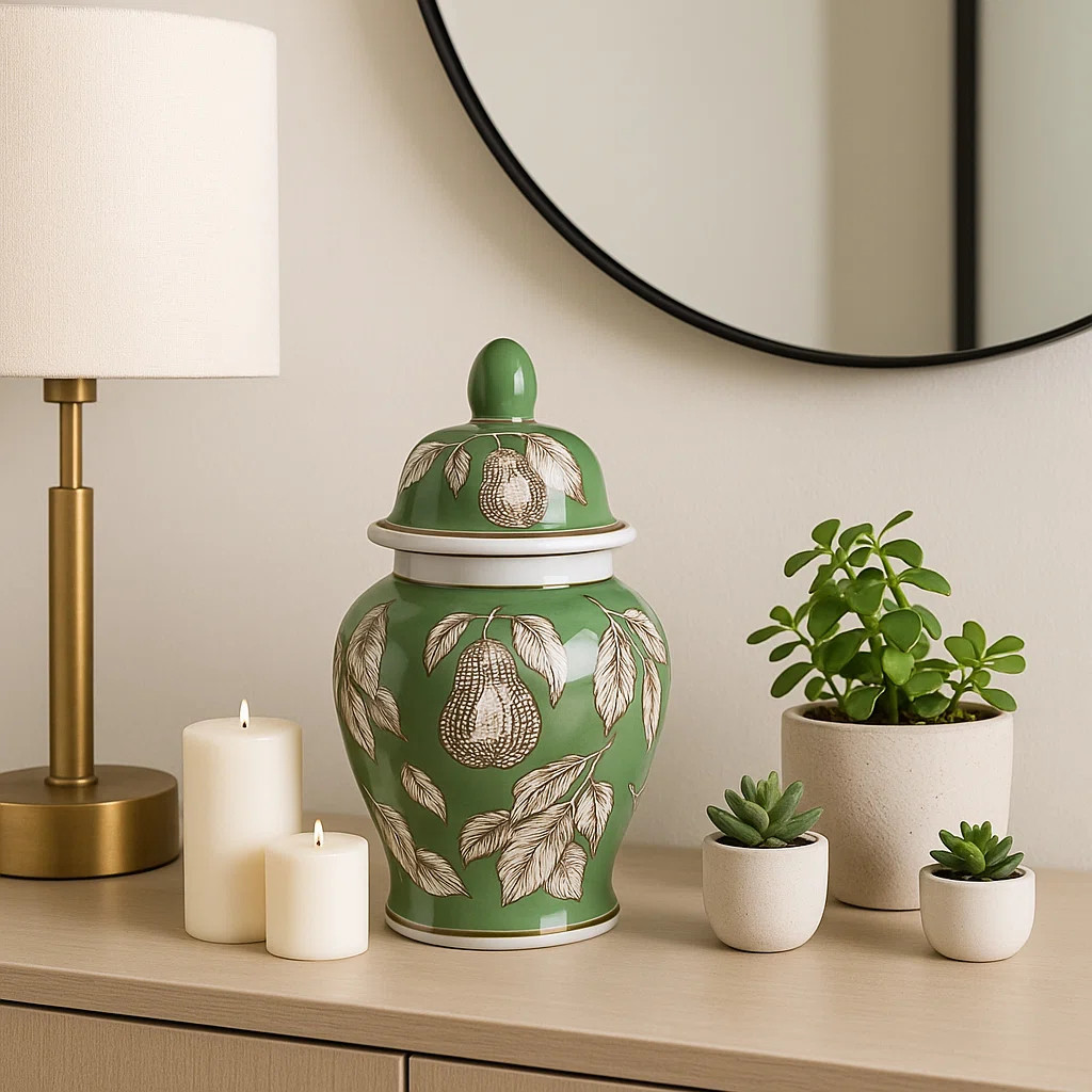 Decorative Pear And Twigs Temple Jar With Lid - Modern Ceramic Tall Table Jar With Chinoiserie De... | Wayfair North America