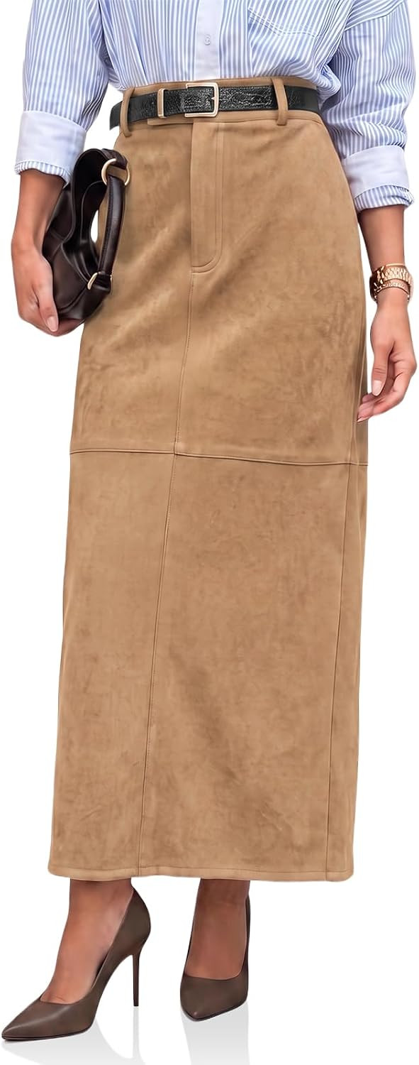 Cicy Bell Womens Suede Maxi Skirt High Waisted Slit Patchwork Pencil Skirts | Amazon (US)