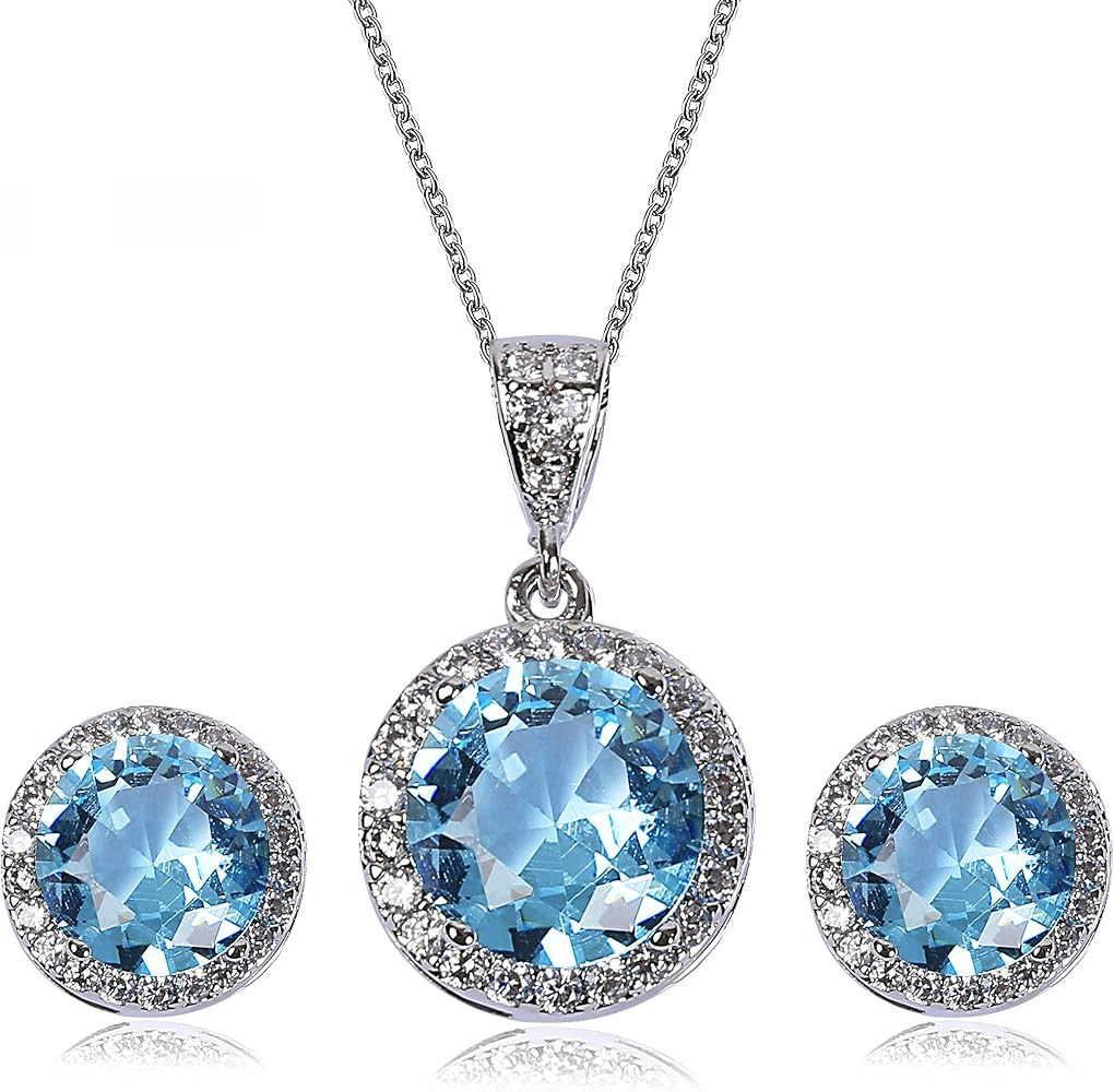 AMYJANE Halo Crystal Jewelry Set - Sterling Silver Round Cubic Zirconia Crystal Bridal Pendant Ne... | Amazon (US)