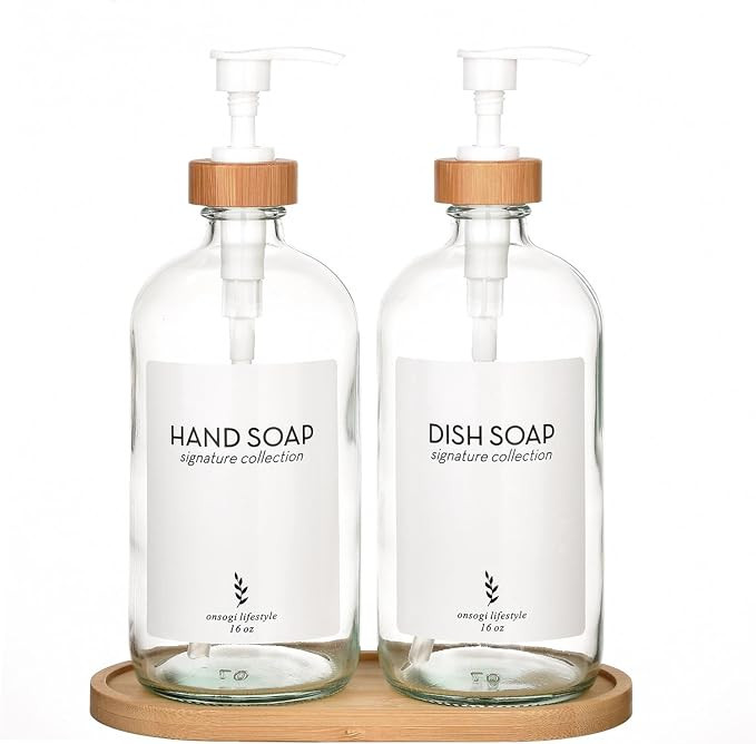 16 Oz Clear Glass Soap Dispenser with Bamboo Tray, Hand Soap Dispenser | Dish Soap Dispenser for ... | Amazon (US)