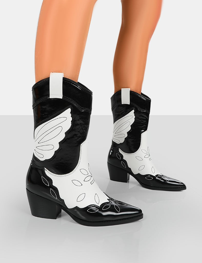 Howdy Black Patent Pointed Toe Western Cowboy Ankle Boots | Public Desire (US & CA)