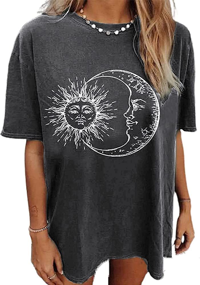 Remidoo Women Sun and Moon Tie Dye T-Shirt Round Neck Short Sleeve Top Casual Funny Cute Teen Girl T | Amazon (US)