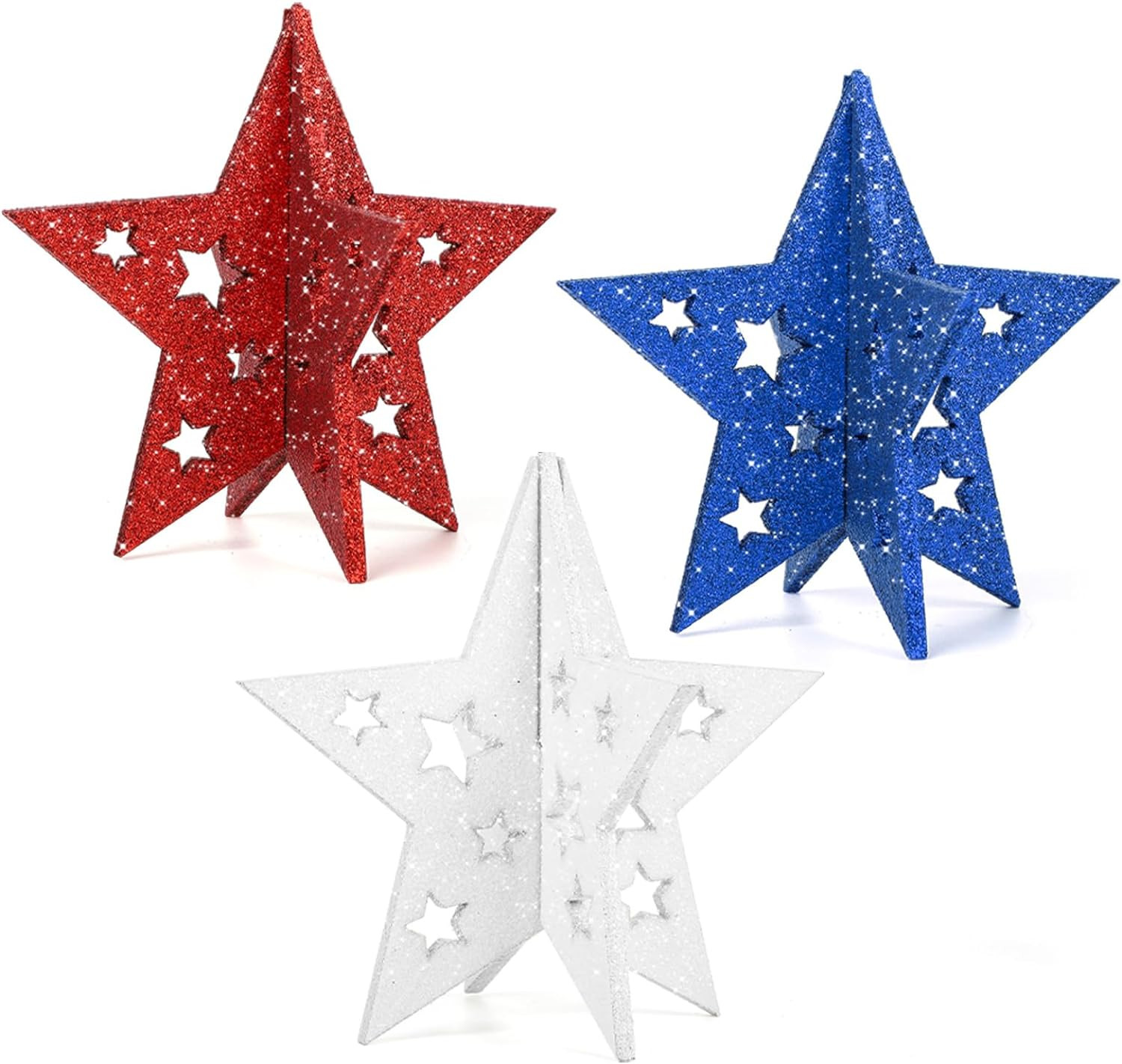 6" Glitter Red Blue White Patriotic 3D Stars, 4th of July Decorations Set | Amazon (US)