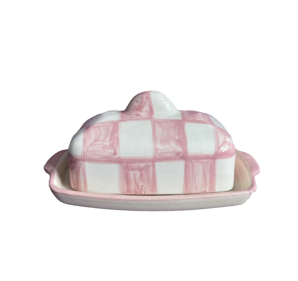 Buttercup Butterdish in White & Pink Checkerboard | Over The Moon