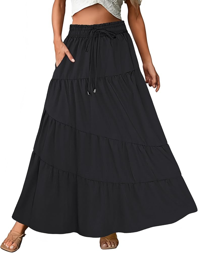 ECOWISH Women Boho Maxi Skirt: Summer Asymmetric Tiered Drawstring Elastic High Waist A-Line Flow... | Amazon (US)