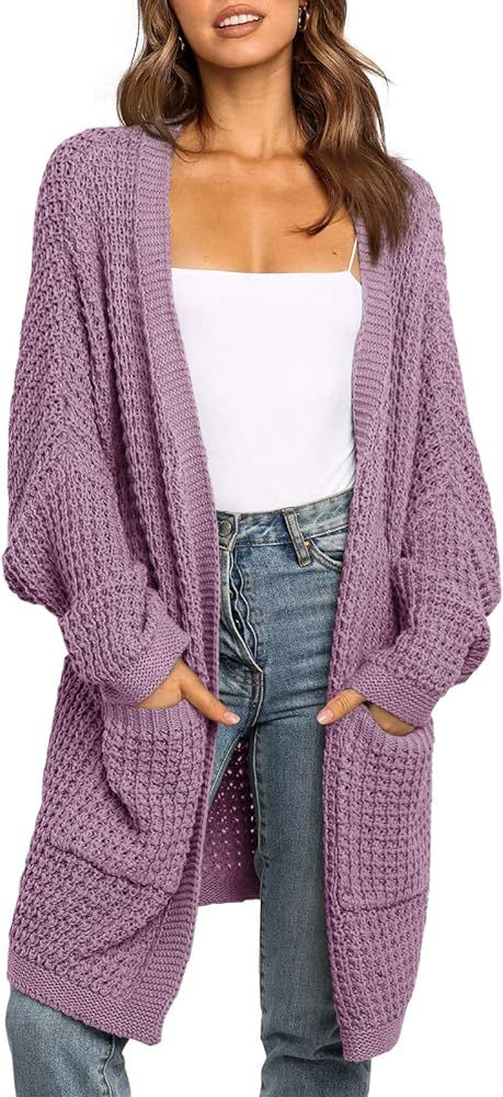 UEU Women's Long Batwing Sleeve Open Front Chunky Knit Cardigan Sweater with Pockets | Amazon (US)