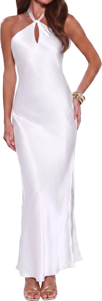 Gmeitoey 2026 Women's Satin Maxi Dress Halter Neck Backless Sleeveless Slit Elegant Formal Brides... | Amazon (US)