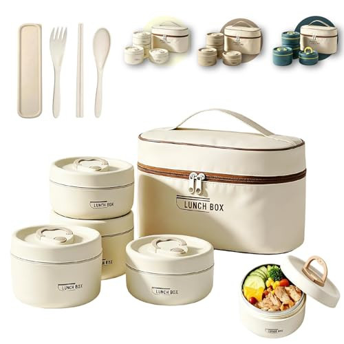 4 Tier Portable Insulated Lunch Container Set, Stackable Bento Box with Thermal Lunch Bag, Microwaveable Hot Food Container for Adults, Leakproof Thermal Food Container for Picnic, Work & Travel | Amazon (US)