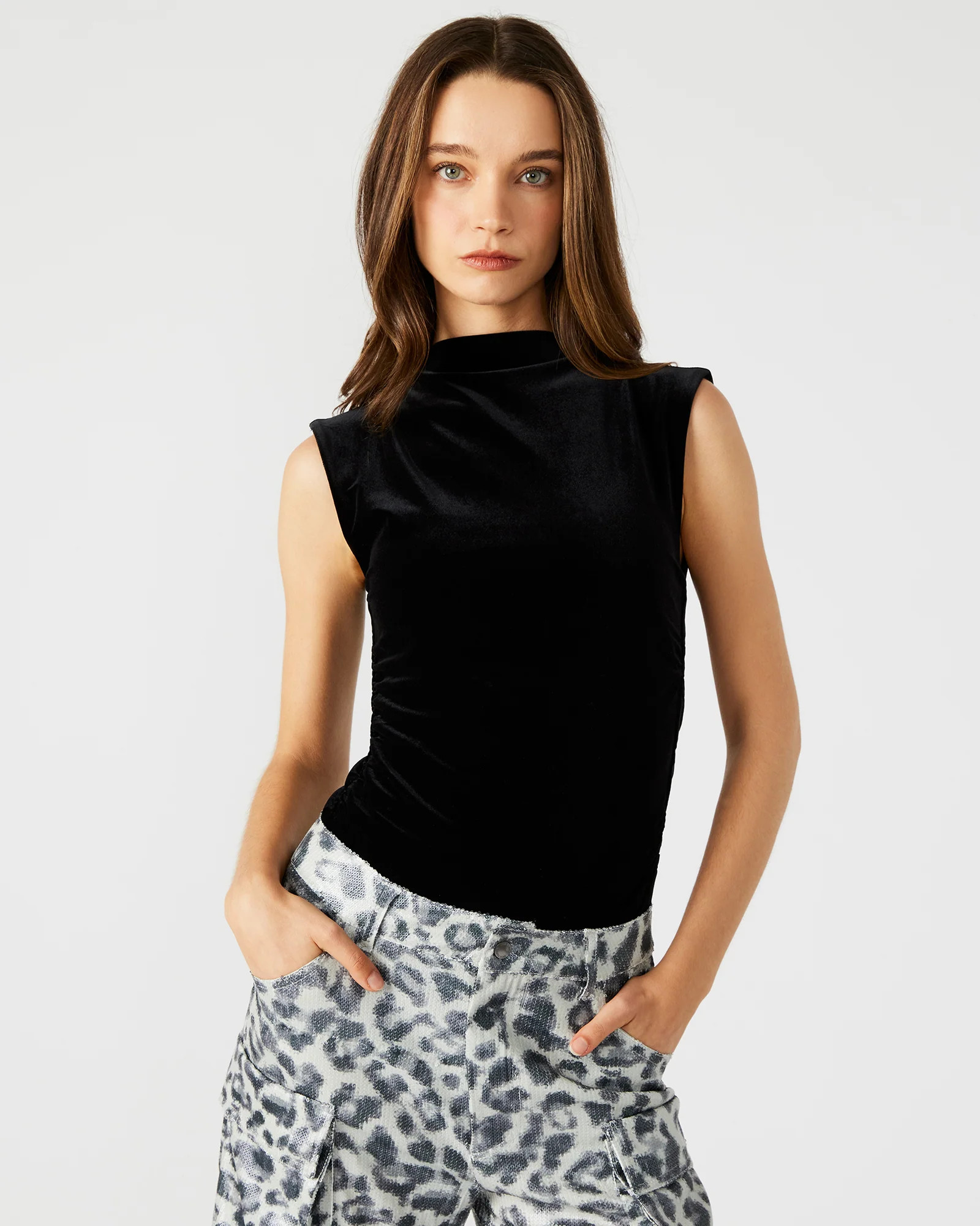 NIKOLA Bodysuit Black | Women's Mock Neck Velvet Bodysuit | Steve Madden (US)