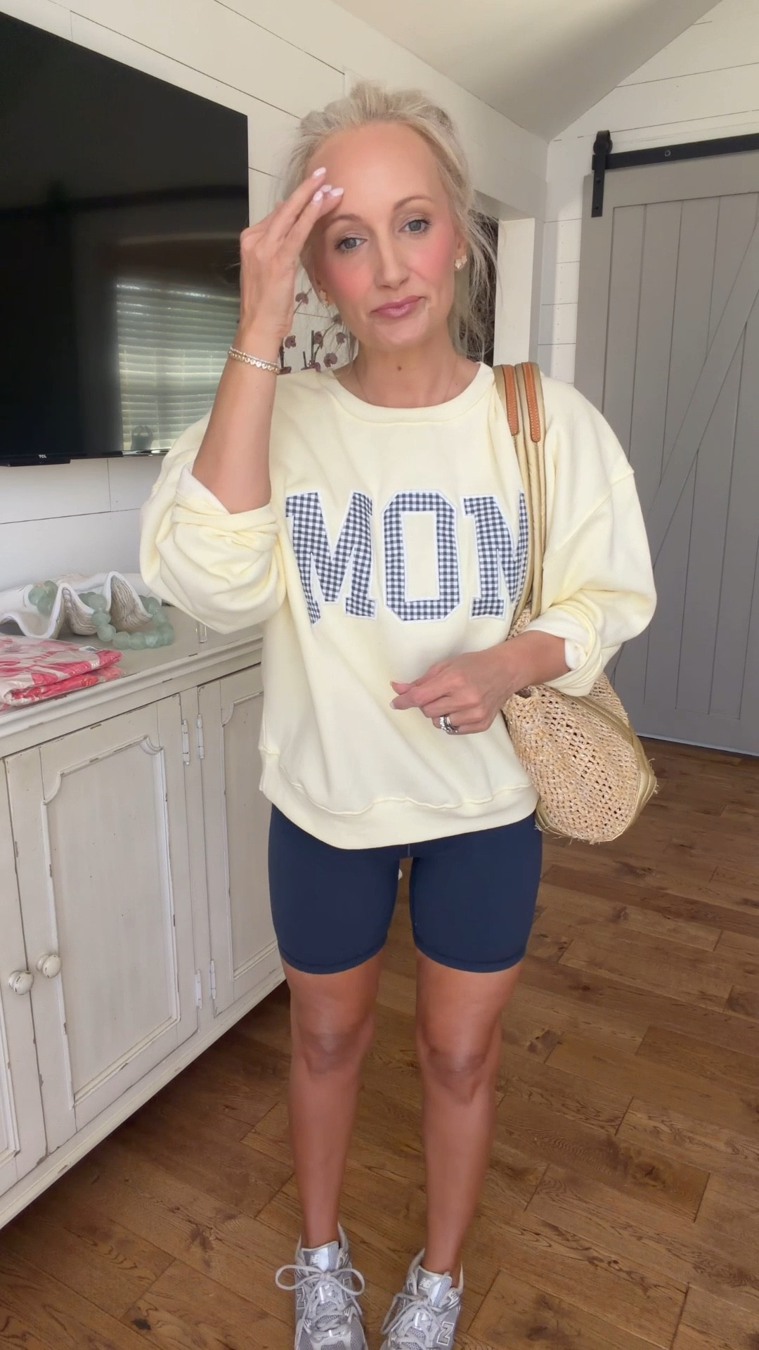 Sweatshirt- size up two sizes to a
Large 

Shorts- small

#LTKOver40 #LTKootd #LTKPetite